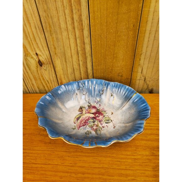 Vintage 12 Inch Porcelain Hand-Painted Fruit Bowl With Blue & Gold Detailing - Picture 1 of 6